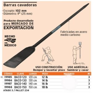 BACO-120, BARRA CAVADORA 1-1/8" 1200 MM X 102 MM TRUPER