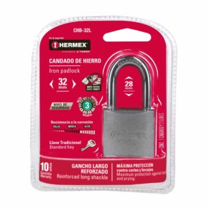 CHB-32L CANDADO METALICO GANCHO LARGO 32MM EN BLISTER HERMEX - Imagen 3