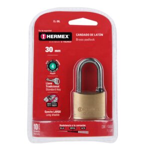 CL-30L CANDADO DE LATON 30 MM GANCHO LARGO BLISTER HERMEX - Imagen 3