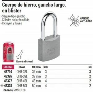 CHB-38L CANDADO METALICO GANCHO LARGO 38MM EN BLISTER HERMEX