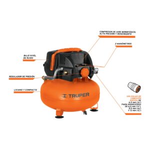 COMP-24S COMPRESOR DE AIRE LIBRE DE ACEITE 24 LTS SALIDA 1/4, 1" 2/3 HP TRUPER - Imagen 2