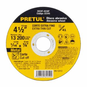 DICOF-4516P DISCO ABRASIVO P/CORTE METALICO EXTRAFINO 4-1/2,1.6 MM PRETUL