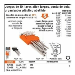 ALLX-10M JGO DE 10 LLAVES ALLEN LARGAS C/PUNTA D/BOLA MED./MM  TRUPER