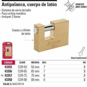 COR-75  CANDADO PARA CORTINA 3ANTIPALANCA LATON   BLISTER HERMEX **CERF4**