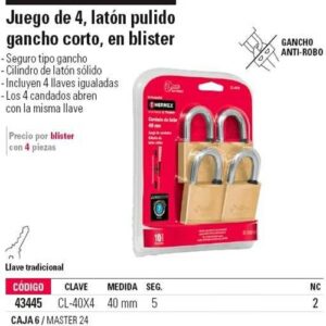 CL-40X4 , CANDADO LATON 40MM C/4 PCS Y 4 LLAVE BLISTER HERMEX **CERF4**